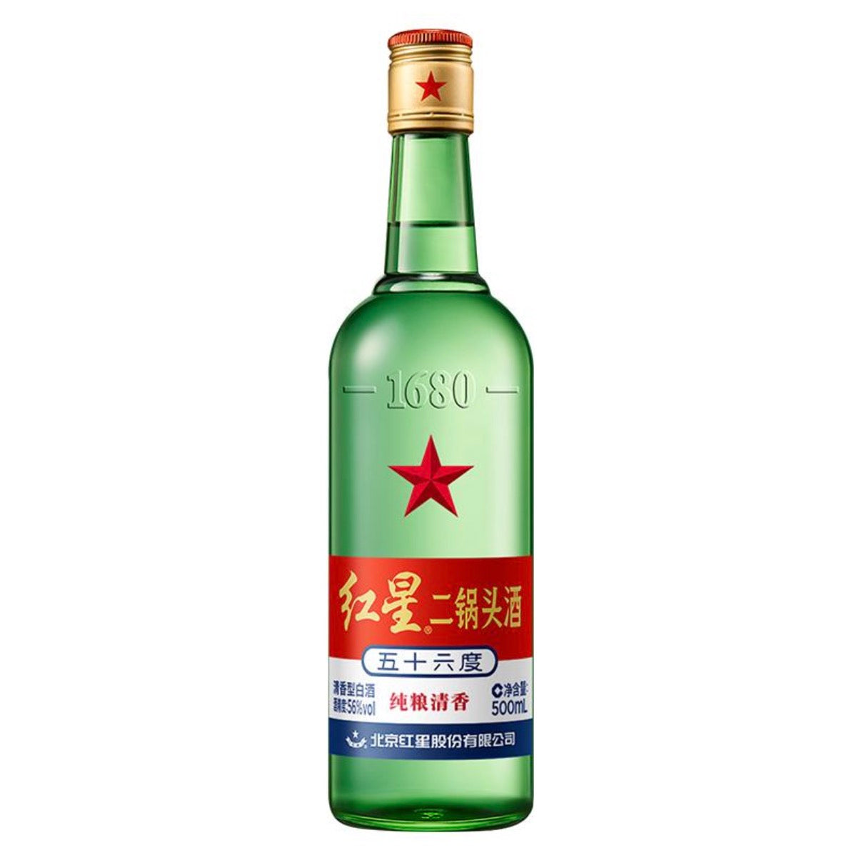 Red Star Erguotou Baijiu 56% Green Bottle 500mL 红星二锅头 56度 绿瓶 清香型白酒 500mL